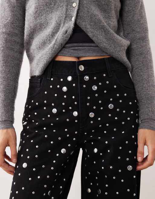 Mango – Elina – Svarta jeans med raka ben och utsmyckning i 100% bomull, 4 av 5