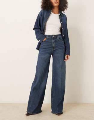 Mango Elise Cotton Mix Pleat Front Wide Leg Jean In Blue