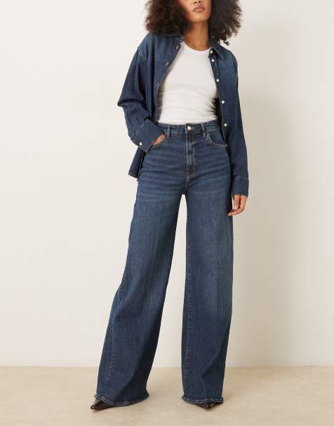 Mango Elise cotton mix pleat front wide leg jean in dark blue - view 1