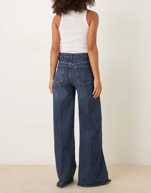 Mango Elise cotton mix pleat front wide leg jean in dark blue, 2 of 5
