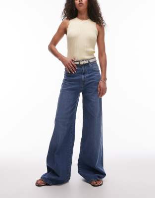 Mango - Elise - Longline-Jeans in Mittelblau mit weitem Bein