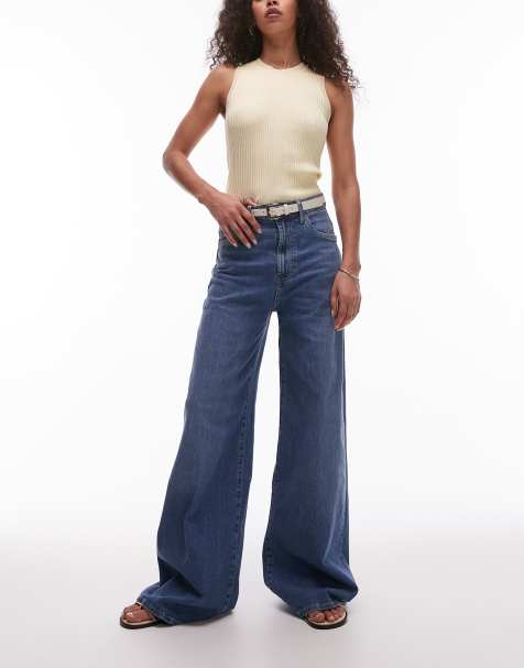 Mango – Elise – Longline-Jeans in Mittelblau mit weitem Bein - view 1