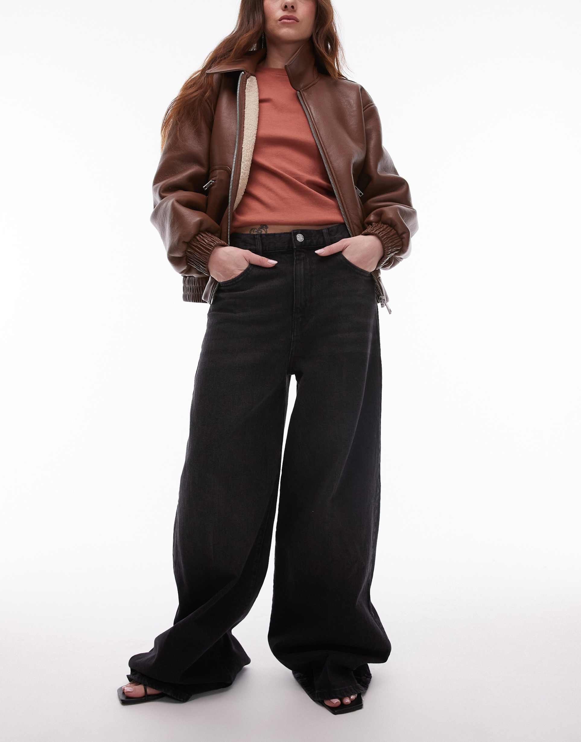 mango elise longline wide leg jeans in black