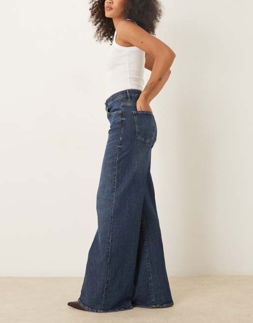Mango – Elise – Mörkblå jeans med veck framtill och vida ben i bomullsmix, 3 av 5