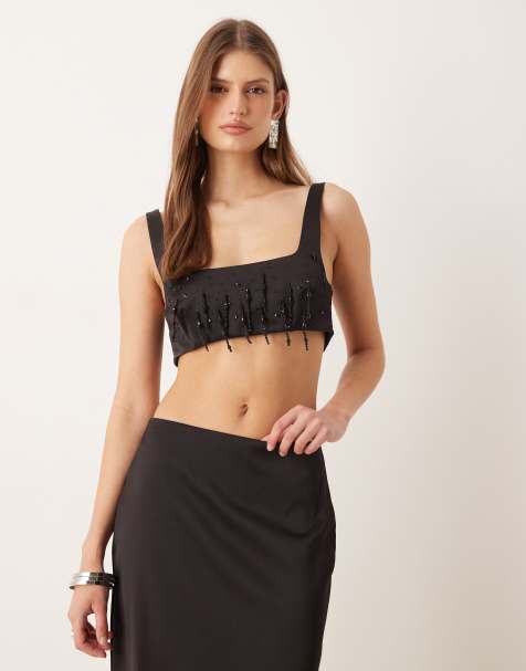 Mango embellished crop top co-ord in black - view 1