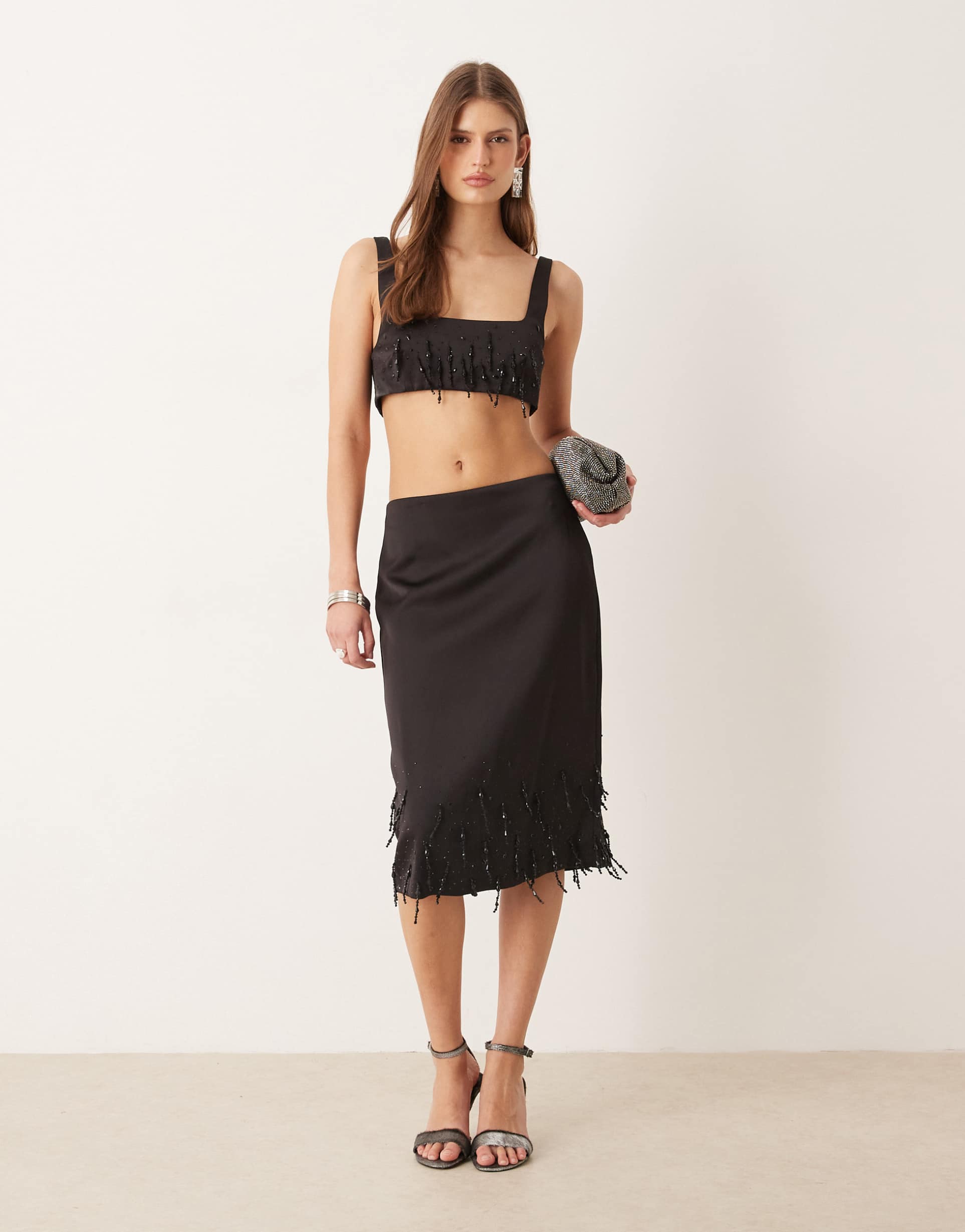 mango embellished knee length skirt in black - part of a set