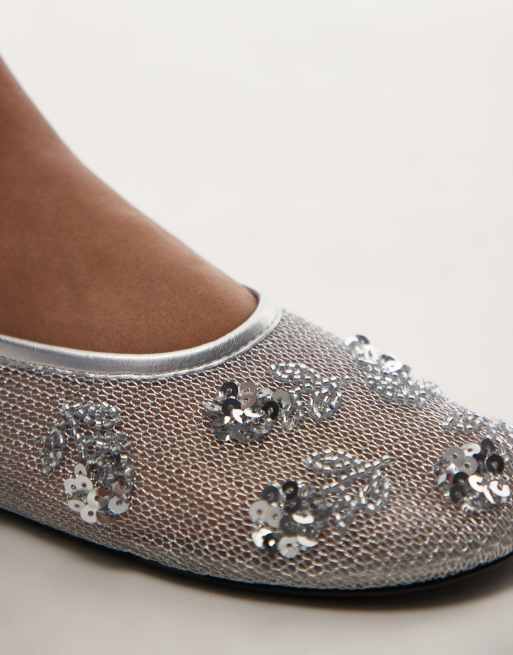 Mango embellished mesh ballet flats in silver | ASOS