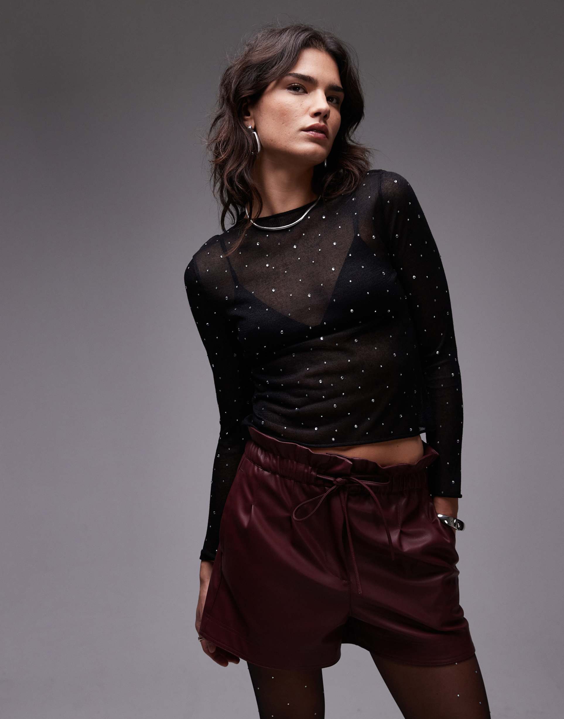 mango embellished mesh long sleeve top in black