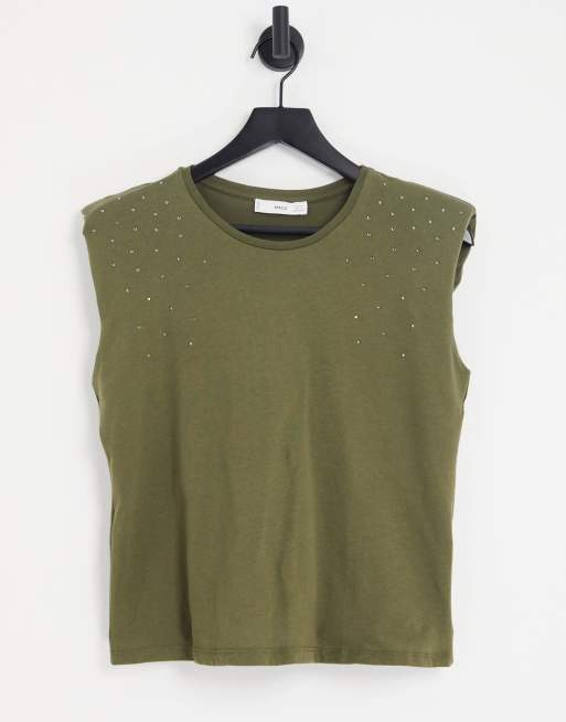 Mango embellished shoulder pad t shirt in green ASOS