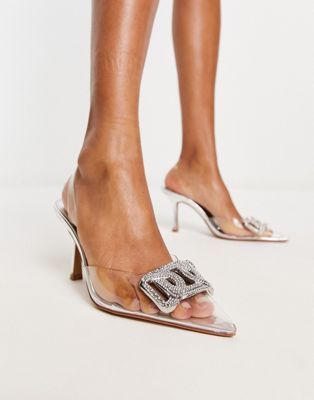 Mango embellished slingback high heeled shoes in sliver - ASOS Price Checker