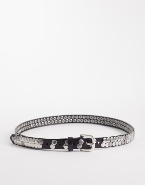 Mango embellished studded slim belt in black - view 1