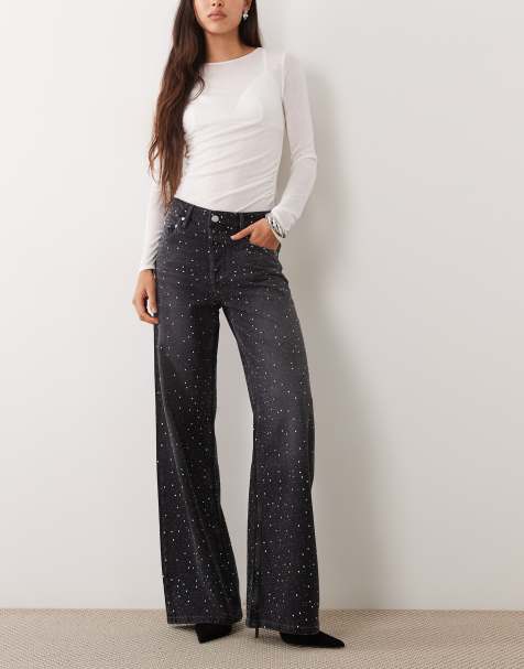 Mango embellished wide leg jean in washed black - view 1
