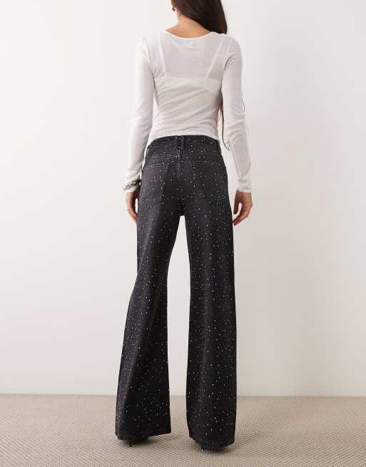 Mango embellished wide leg jean in washed black, 2 of 5