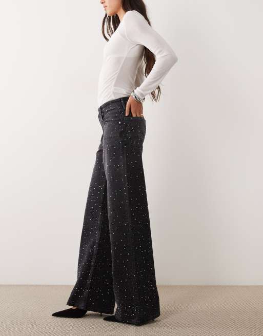 Mango embellished wide leg jean in washed black, 3 of 5
