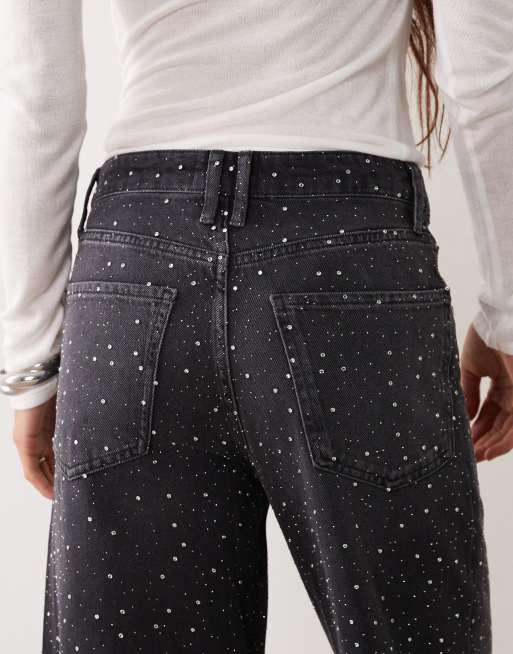 Mango embellished wide leg jean in washed black, 4 of 5