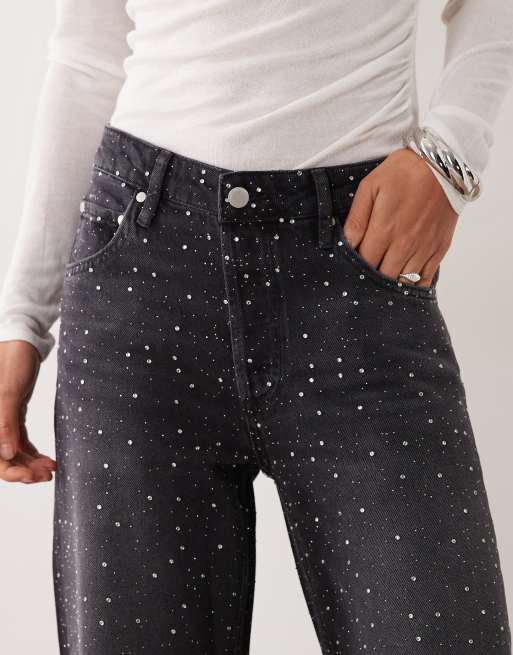 Mango embellished wide leg jean in washed black, 5 of 5