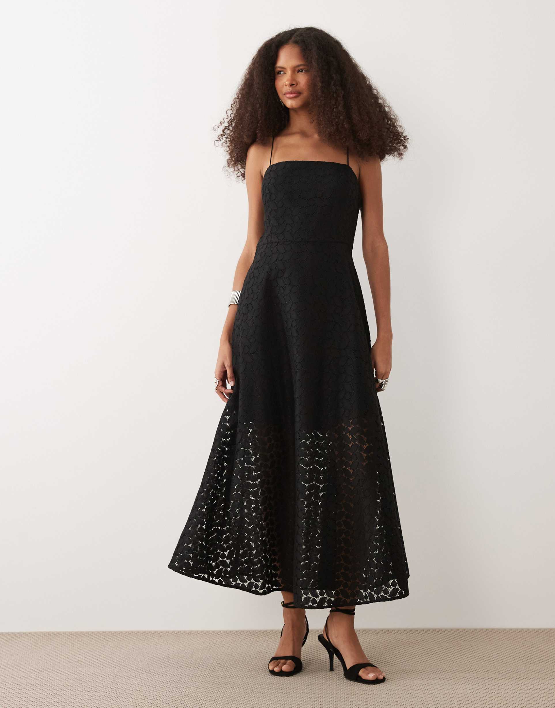 mango embroidered cami maxi dress in black