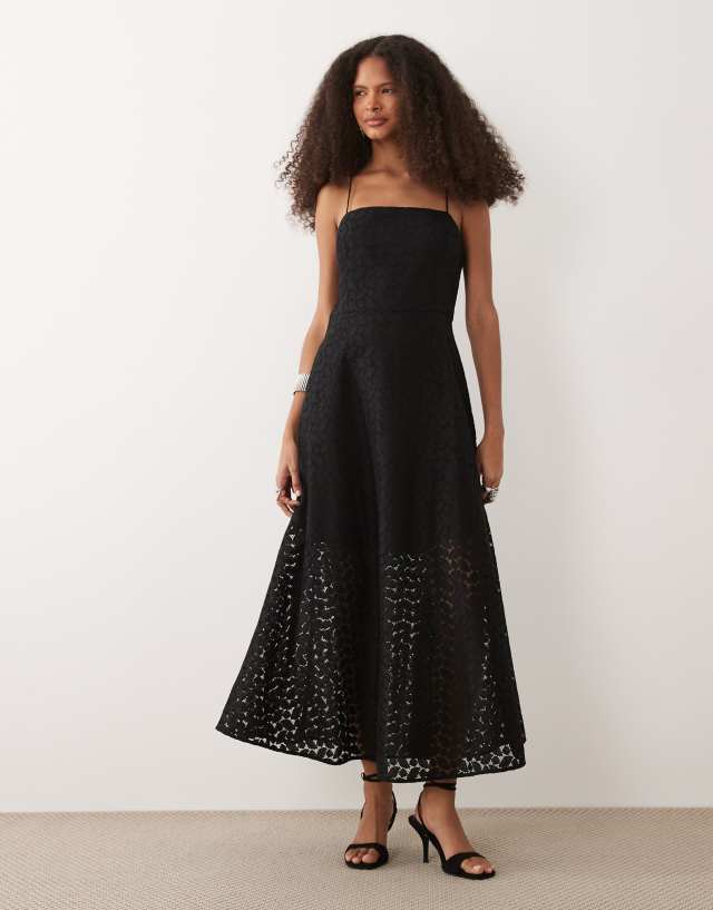 Mango embroidered cami maxi dress in black