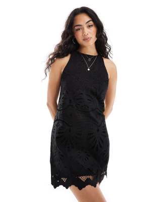 embroidered crochet mini dress in black