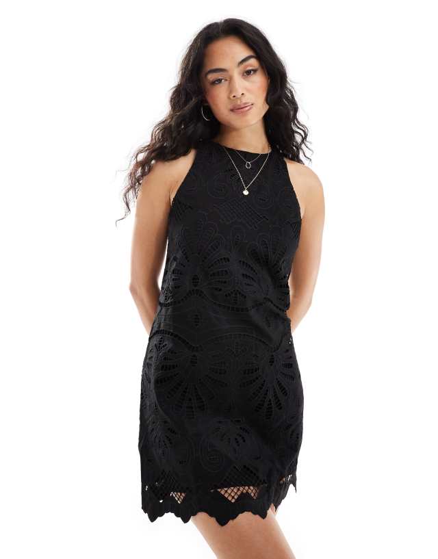 Mango - embroidered crochet mini dress in black