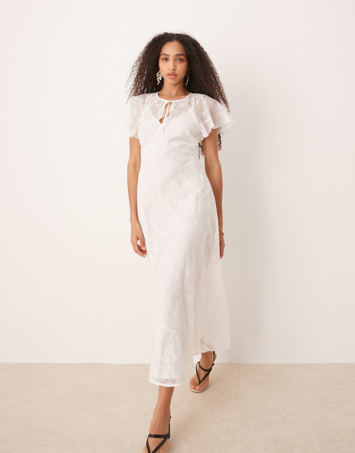 Mango embroidered lace maxi dress with cape overlay in white