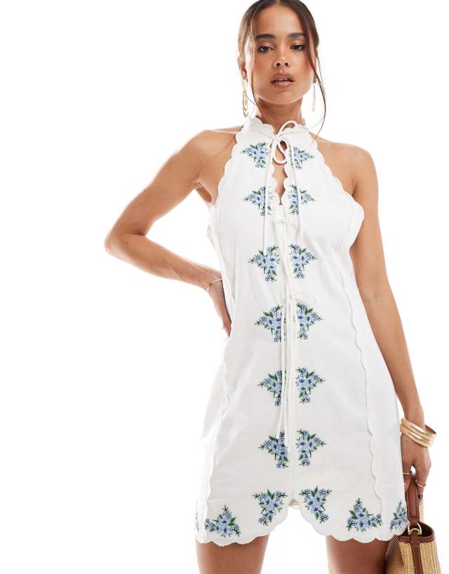 Mango - embroidered lace up mini dress in white