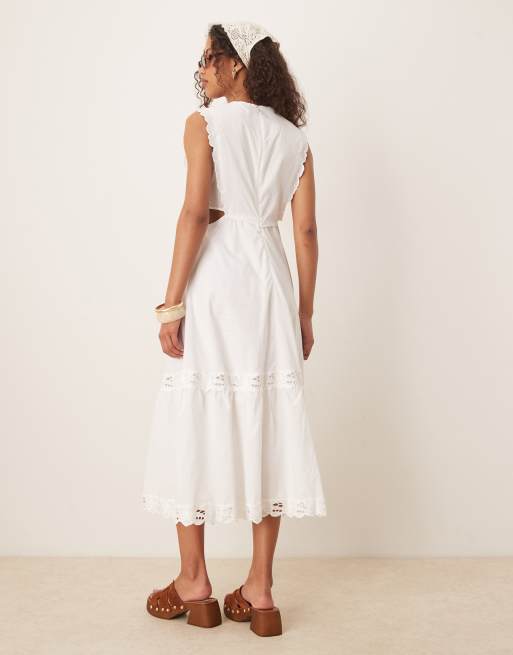 Mango embroidered midi dress with cut out side detail in white | ASOS