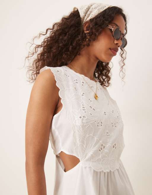 Mango embroidered midi dress with cut out side detail in white