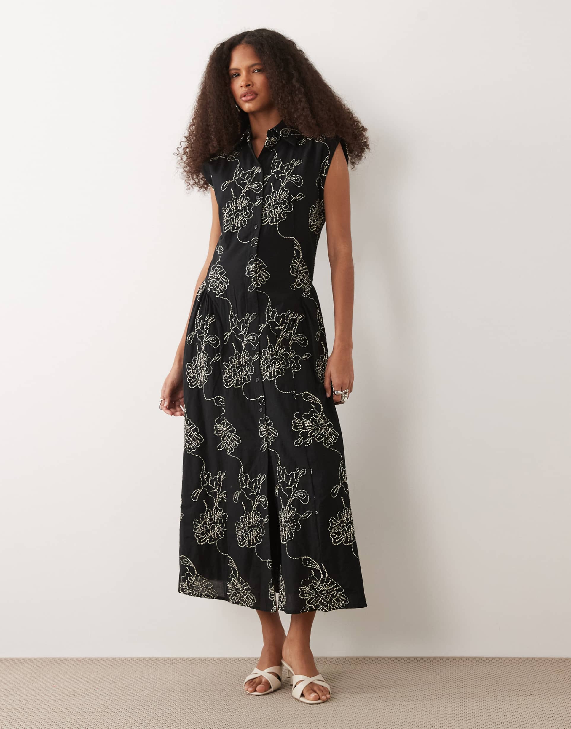 mango embroidered midi sleeveless shirt dress in black