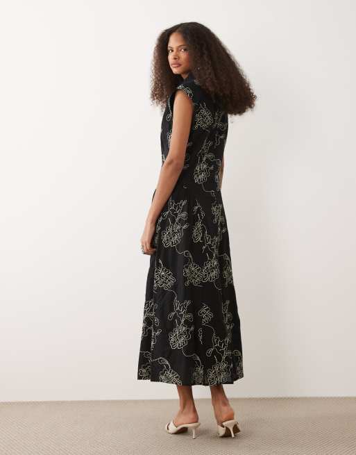 Mango embroidered midi sleeveless shirt dress in black, 4 of 4