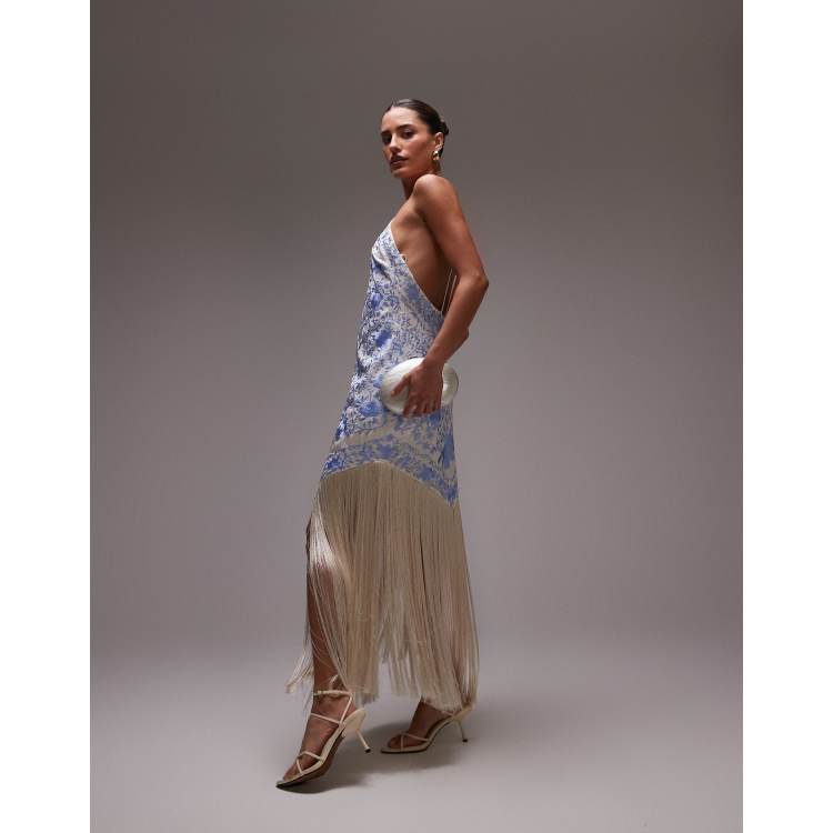 Mango embroidered satin scarf dress with fringe hem in blue ASOS