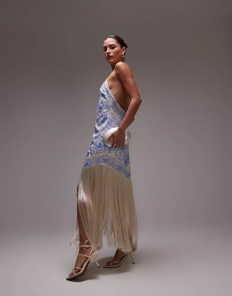 Mango embroidered satin scarf dress with fringe hem in blue