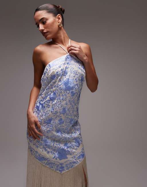 Mango embroidered satin scarf dress with fringe hem in blue