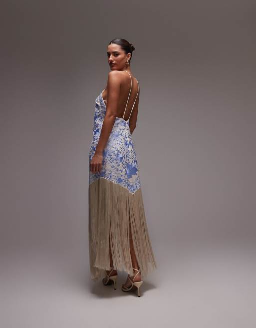 Mango embroidered satin scarf dress with fringe hem in blue
