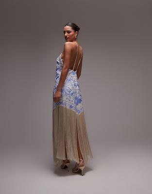 Mango embroidered satin scarf dress with fringe hem in blue