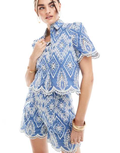 Mango embroidered shorts in blue - part of a set - view 1