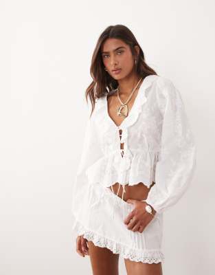 Mango Embroidered Tie Front Blouse With Ruffles In White