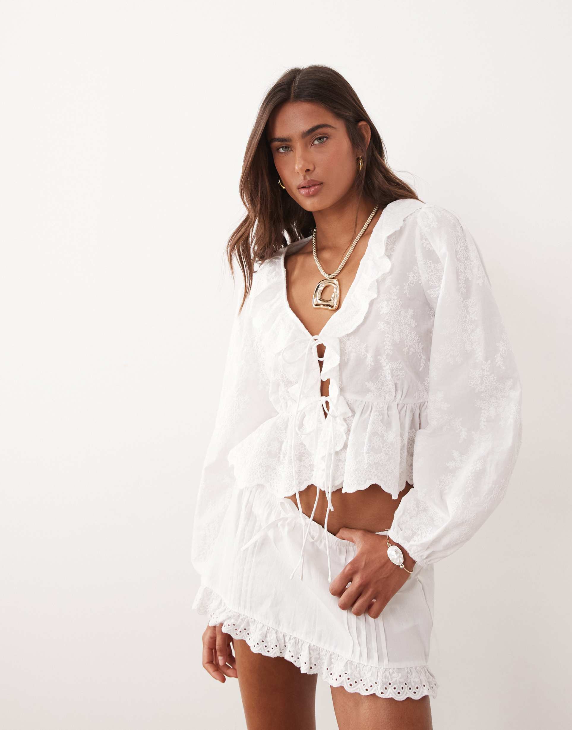 mango embroidered tie front blouse with ruffles in white