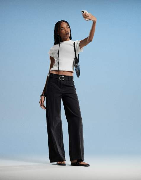 Mango Emma gold button wide leg jeans in black - view 1