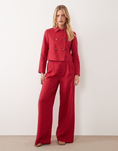 Mango - Ensemble avec veste courte et pantalon en lin mélangé - Rouge - view 1