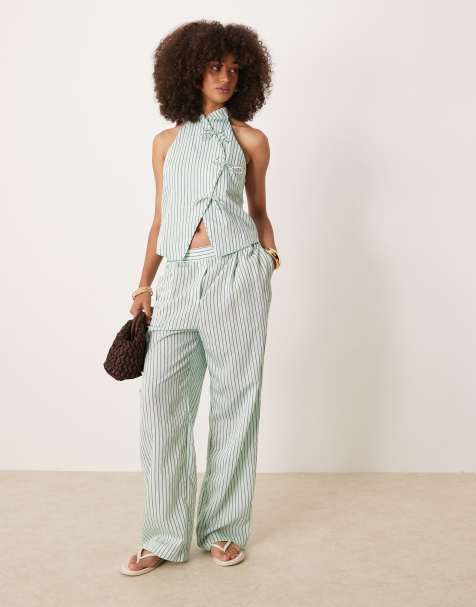 Mango - Ensemble rayé avec pantalon droit et top cache-cœur à détail nœud - Vert - view 1