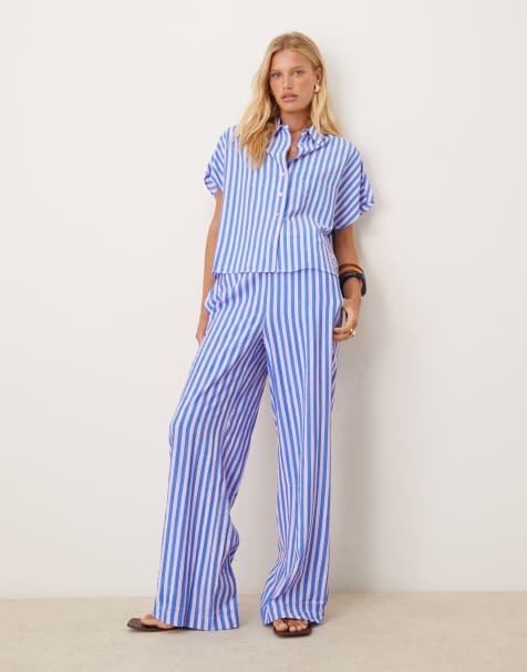 Mango - Ensemble rayé chemise manches courtes décontractée et pantalon à enfiler - Bleu et rose - view 1