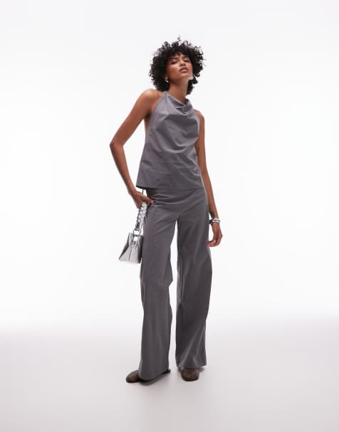 Mango - Ensemble top en bengaline avec encolure drapée à dos ouvert, détail anneau et pantalon droit - Gris - view 1