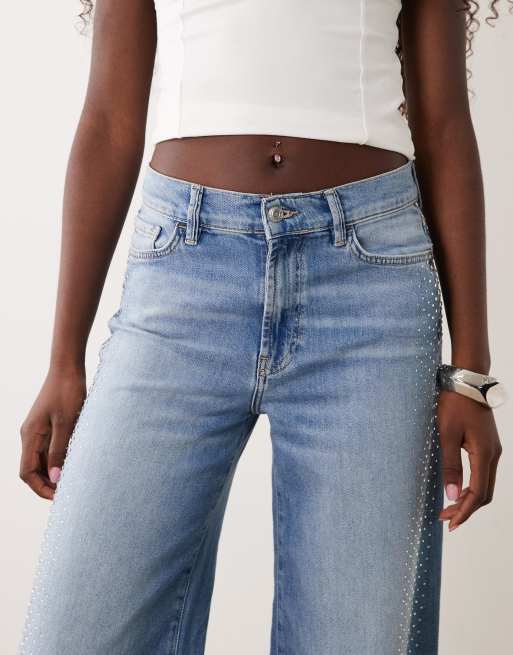 Mango Erin 100 % Baumwoll-Jeans mit weitem Bein und verzierter Seite in Mittelblau, 4 von 5