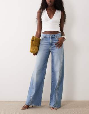 Mango Erin 100% Cotton Wide Leg Jean With Embellished Side In Blue