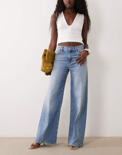Mango Erin 100% katoenen wide leg jeans met versierde zijkant in middenblauw - view 1
