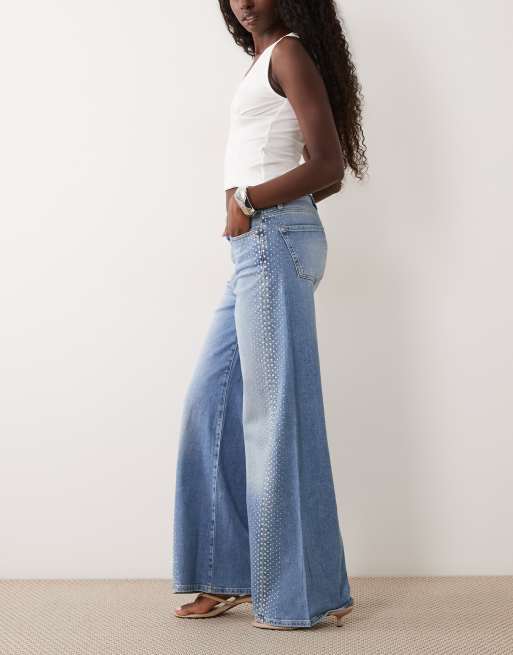 Mango Erin jean large en coton avec côté orné en bleu moyen, 2 de 5