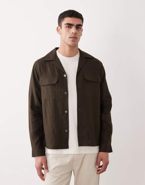 Mango essentials 100% linen button up shacket in chocolate brown - view 1