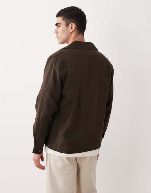Mango essentials 100% linen button up shacket in chocolate brown, 3 of 5