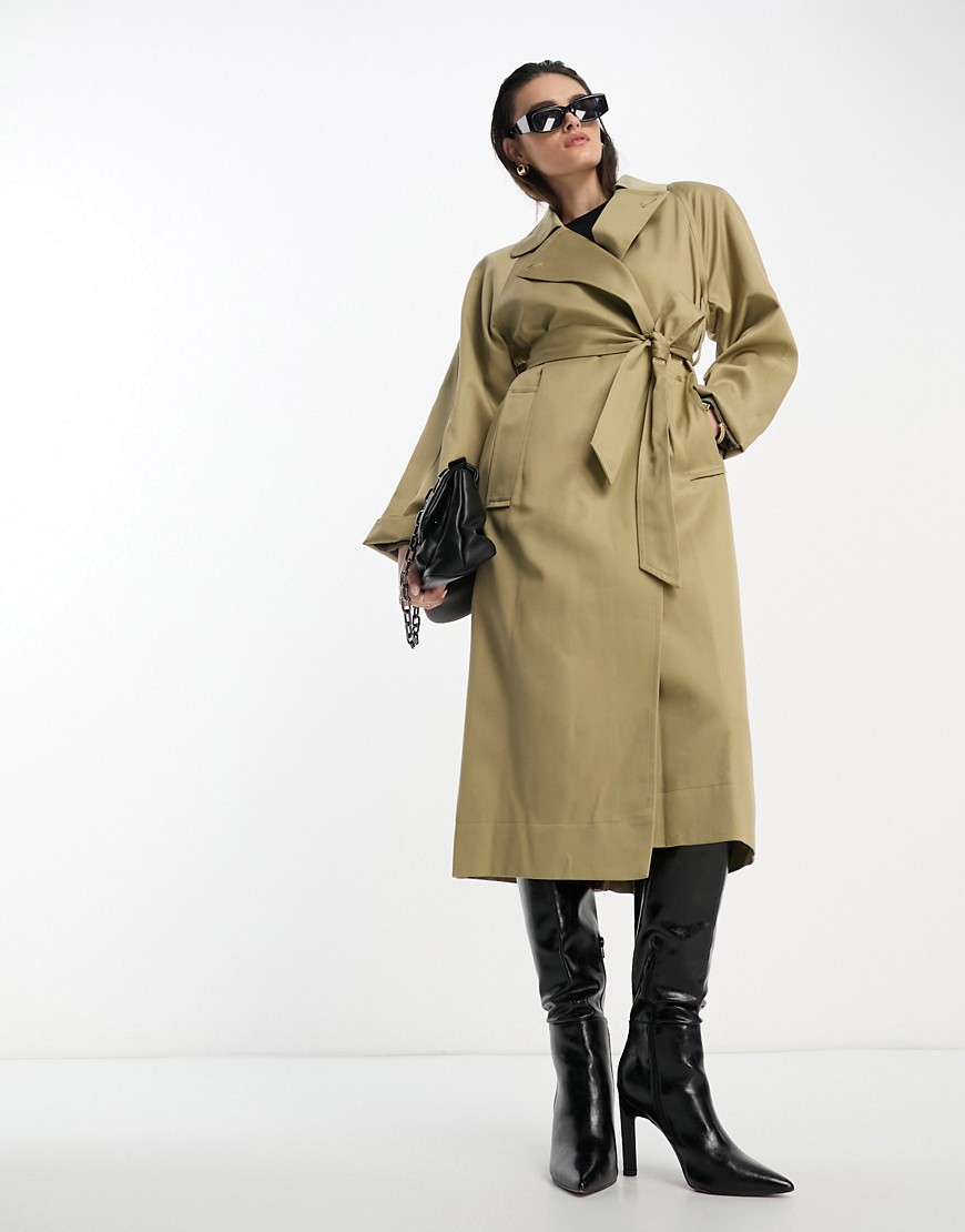 Mango exaggerated shoulder trench coat in beige-Neutral